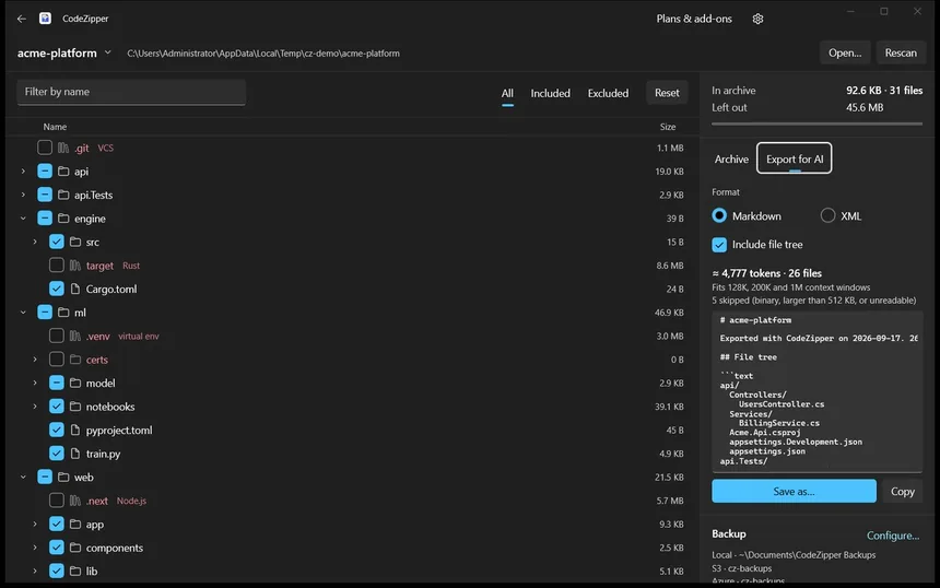CodeZipper Export for AI tab showing Markdown output with a token count