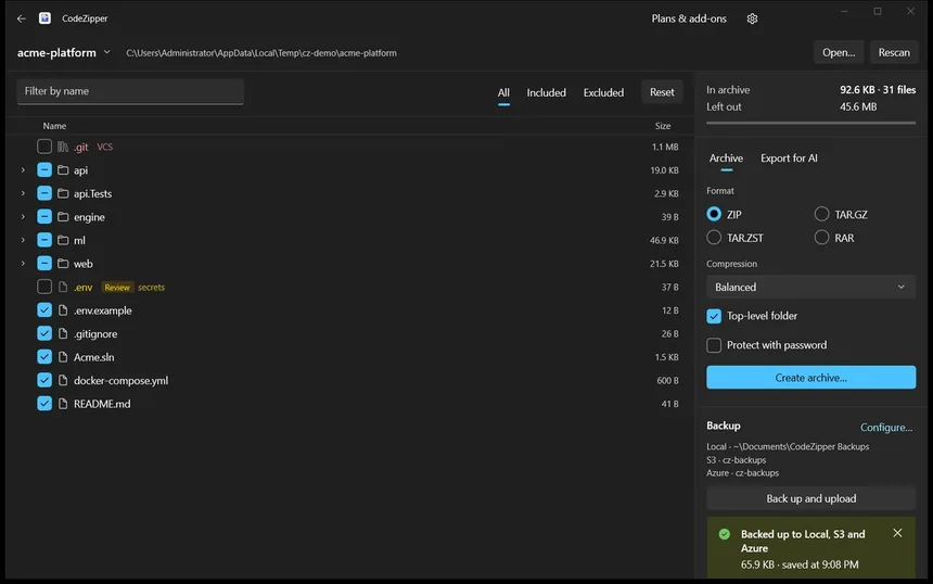 CodeZipper after a backup, confirming a local copy plus S3 and Azure uploads