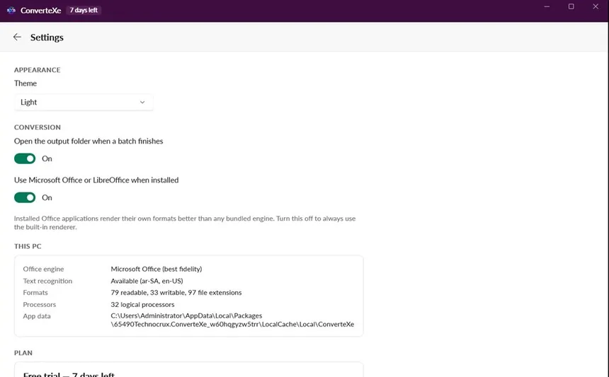 ConverteXe settings showing which Office engine and text recognition languages are available
