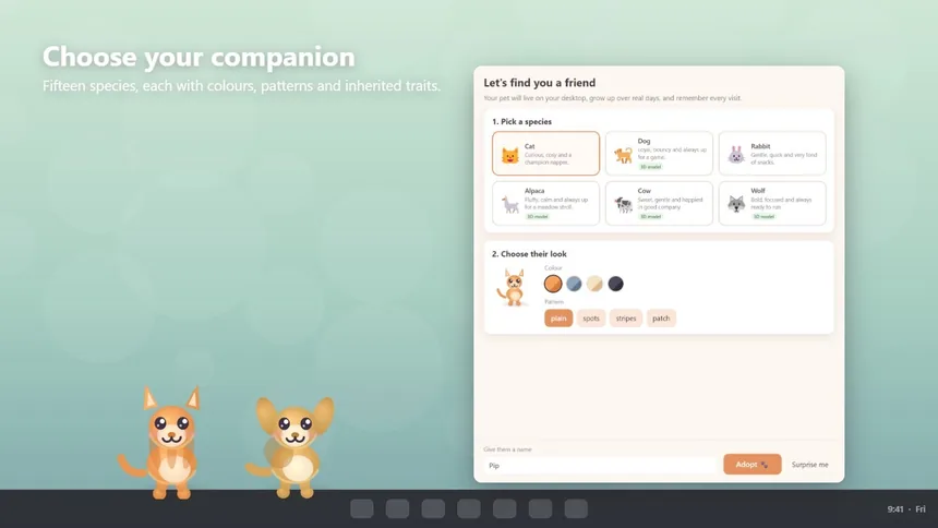 CutePets adoption screen for picking a species, colour and pattern