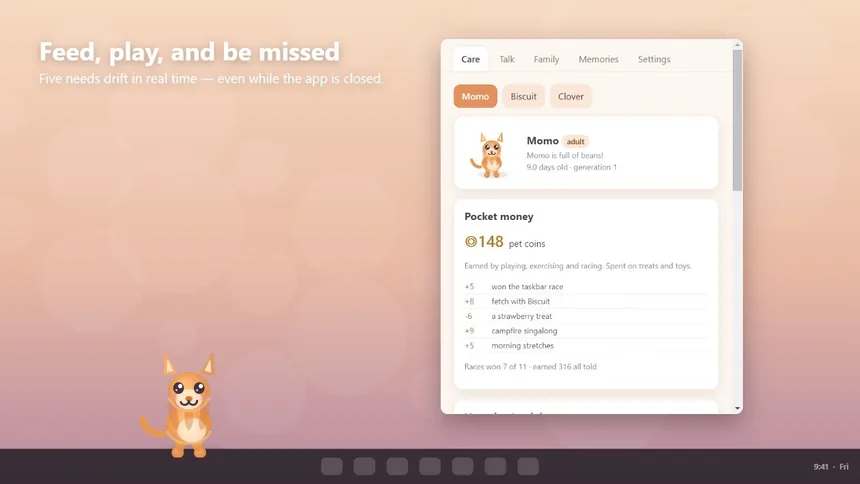 CutePets care panel showing a pet named Momo and their pocket money