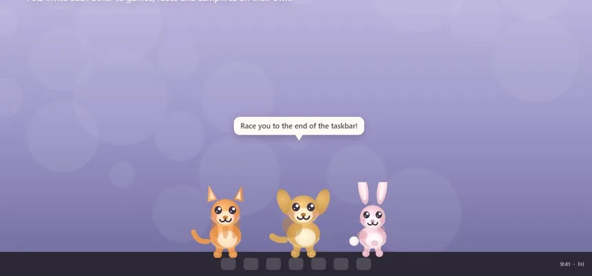 Three pets on the taskbar with a speech bubble saying race you to the end of the taskbar