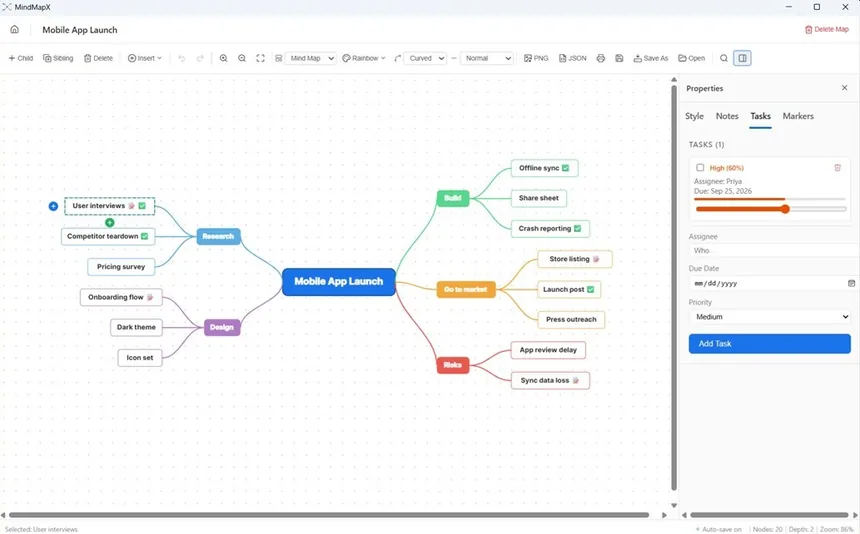 MindMapX task panel with assignee, due date and priority on a topic