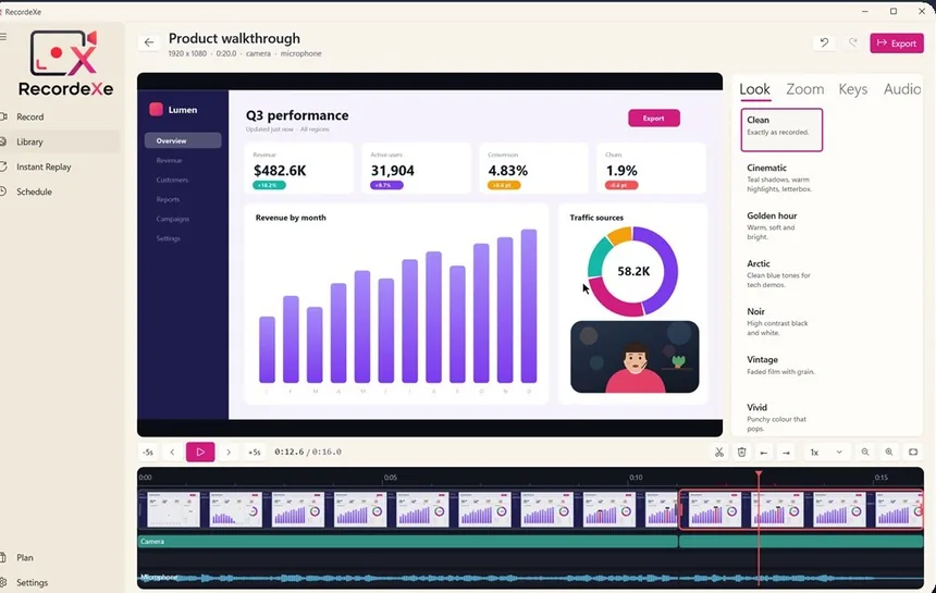 RecordeXe timeline editor with separate lanes for video, camera and microphone
