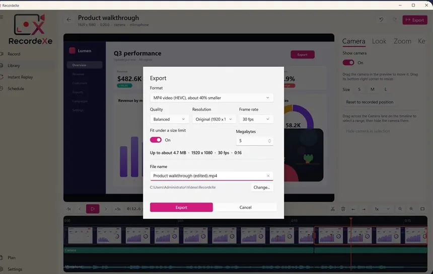 RecordeXe export dialog with format, quality and target file size
