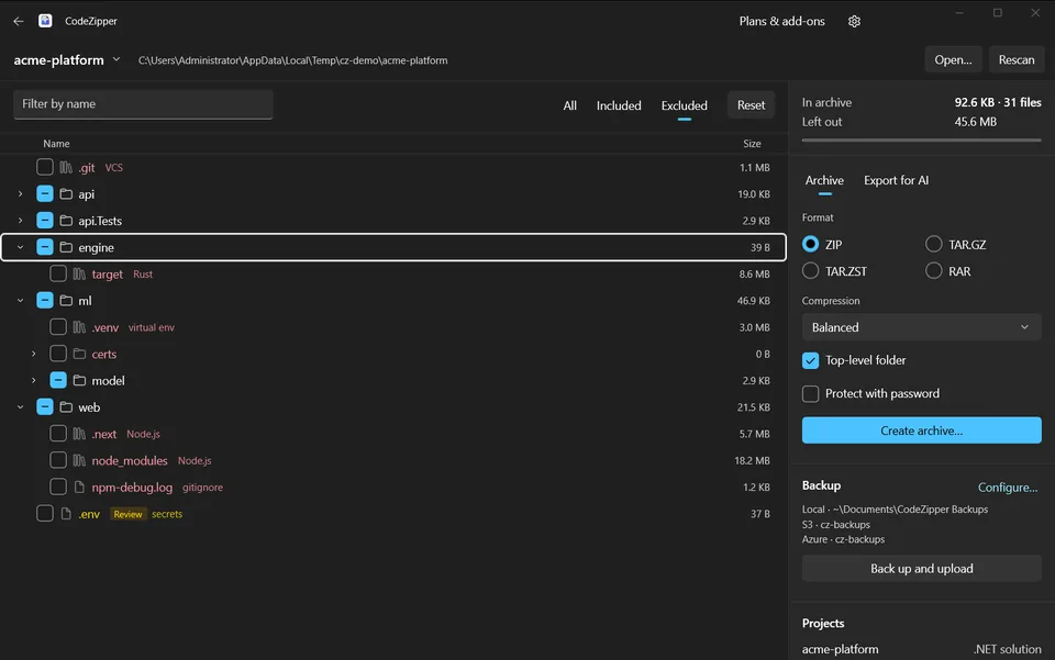 CodeZipper filtered to excluded files, each tagged with the rule that excluded it