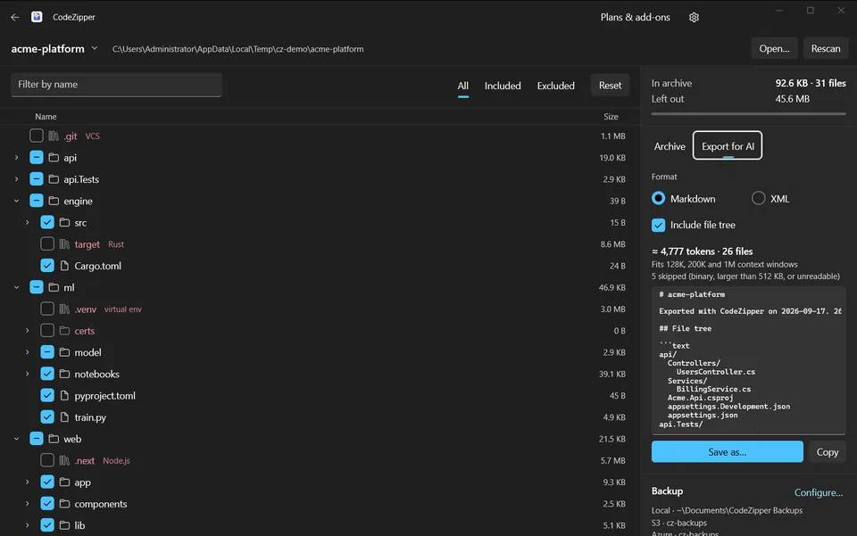 CodeZipper exporting the selected code as Markdown with a token count
