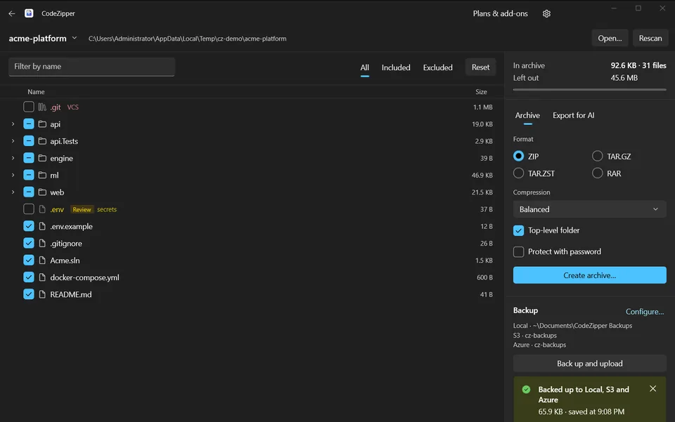 CodeZipper confirming a backup written locally and uploaded to S3 and Azure