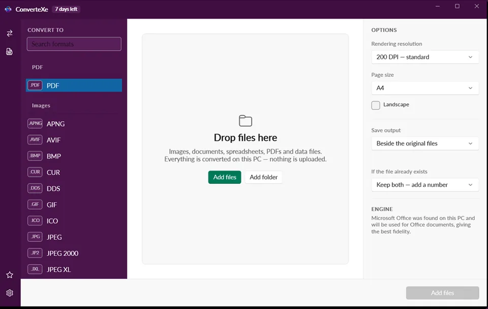 ConverteXe main window with the drop zone and format list