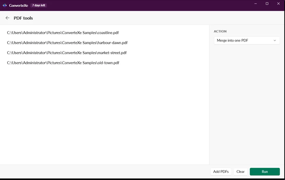 ConverteXe PDF tools: merge, split, compress, password