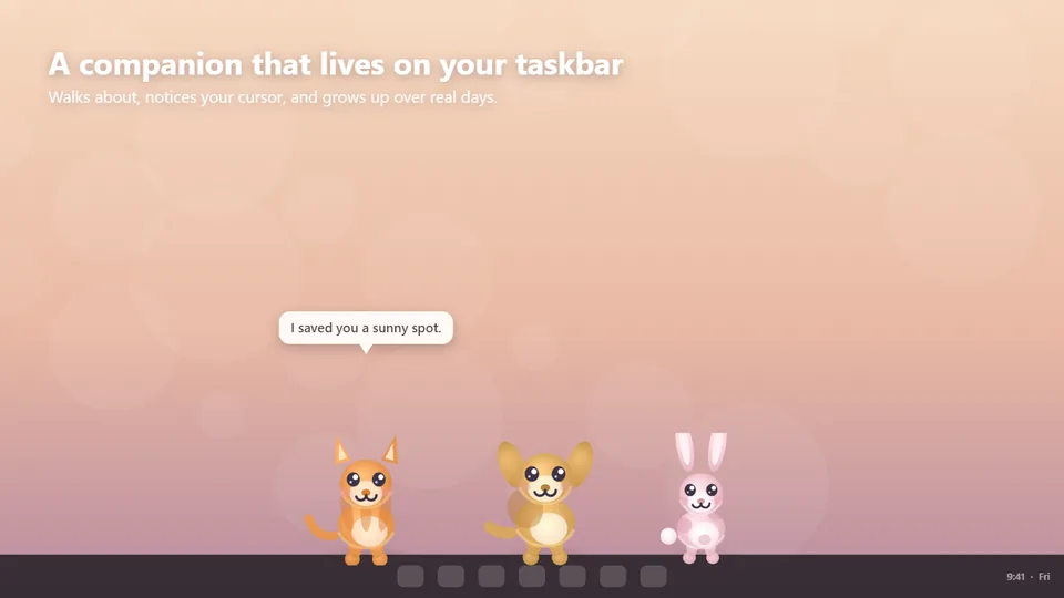 Three CutePets companions standing on the Windows taskbar