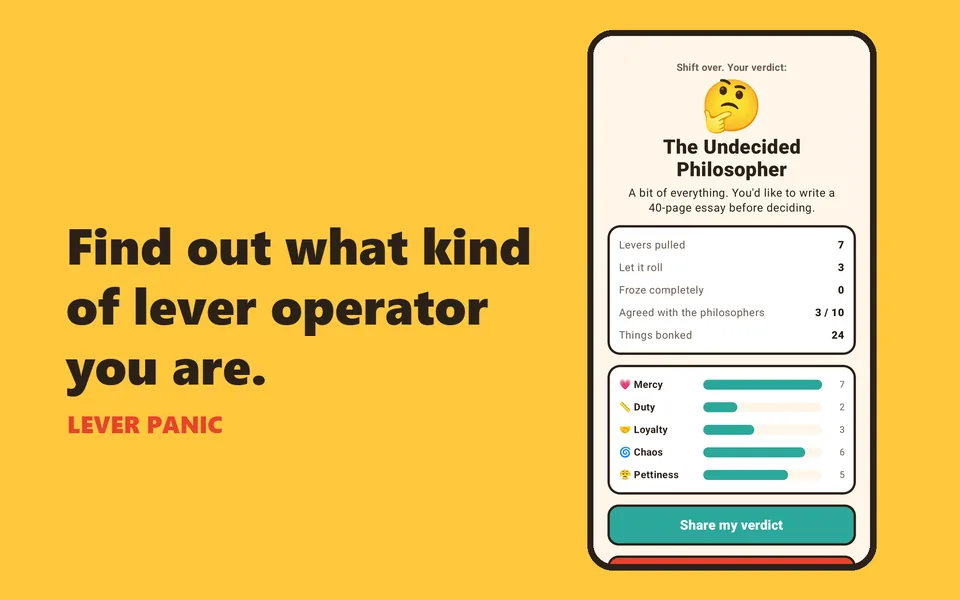 End of shift result: The Undecided Philosopher, with levers pulled, trait bars and a Share my verdict button
