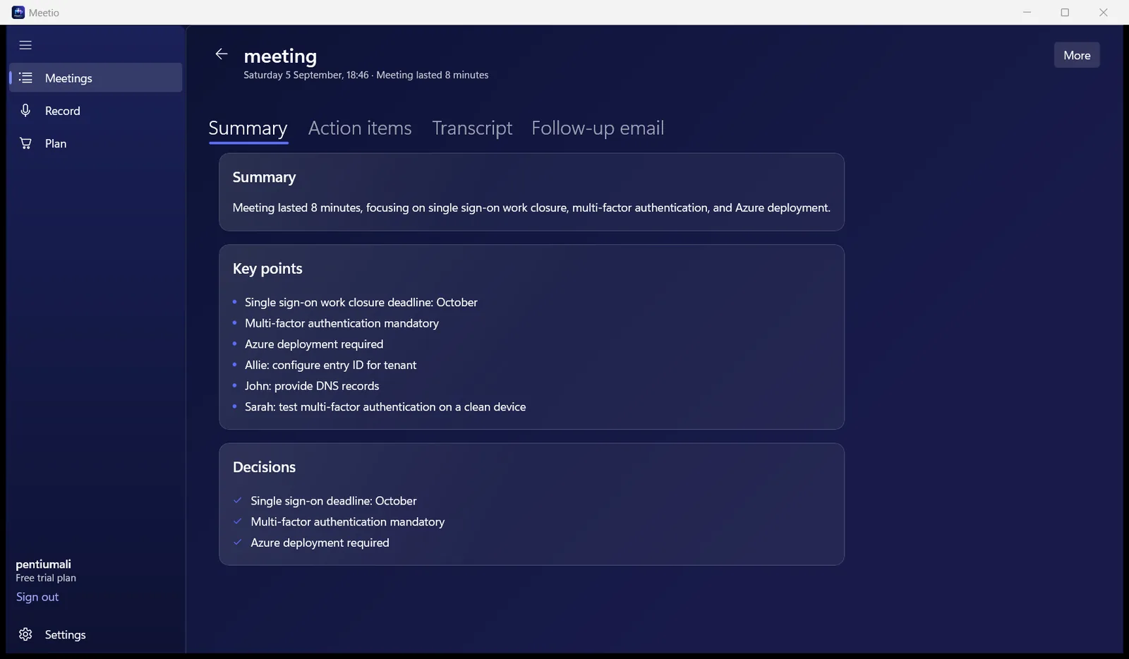 MeeteXe meeting summary with key points and decisions
