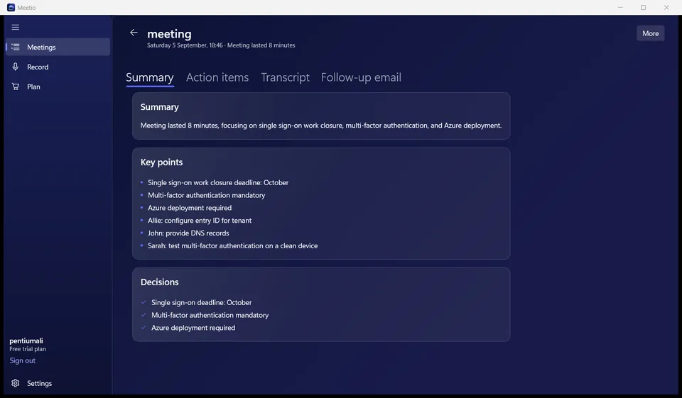 Meetio meeting summary with key points and decisions