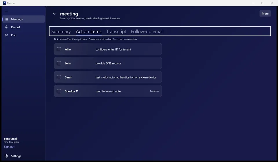 Meetio action items with owners