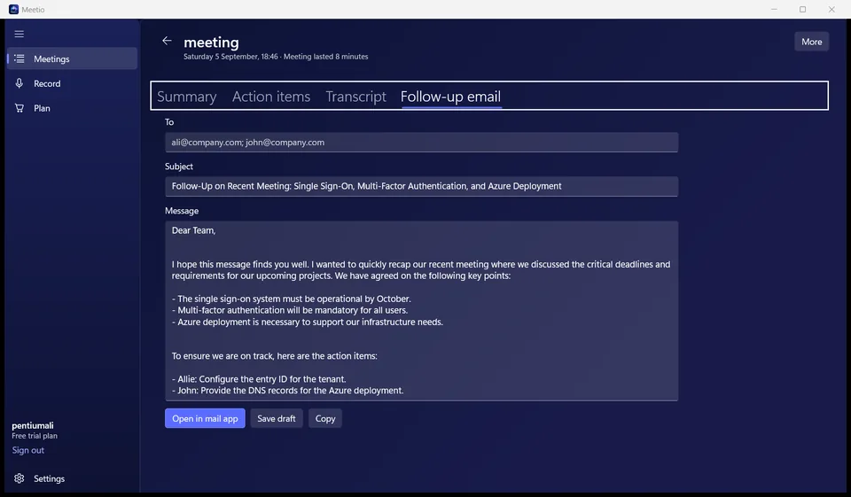 Meetio follow-up email drafted from the meeting