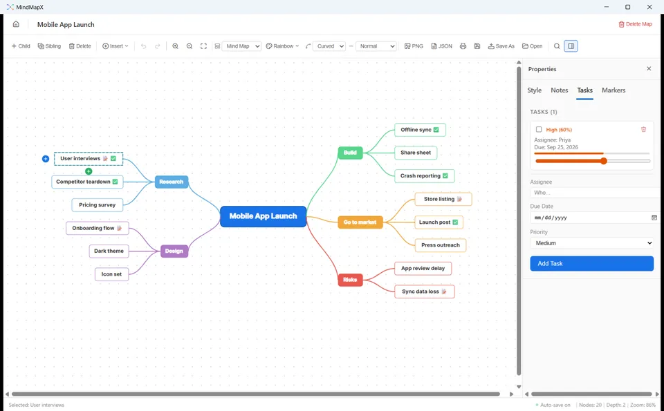 MindMapX properties panel with a task on a topic, showing assignee, due date and priority