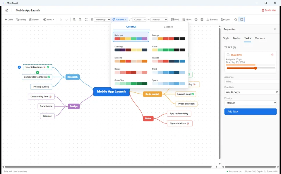 MindMapX theme picker showing Colorful and Classic palettes with live swatches