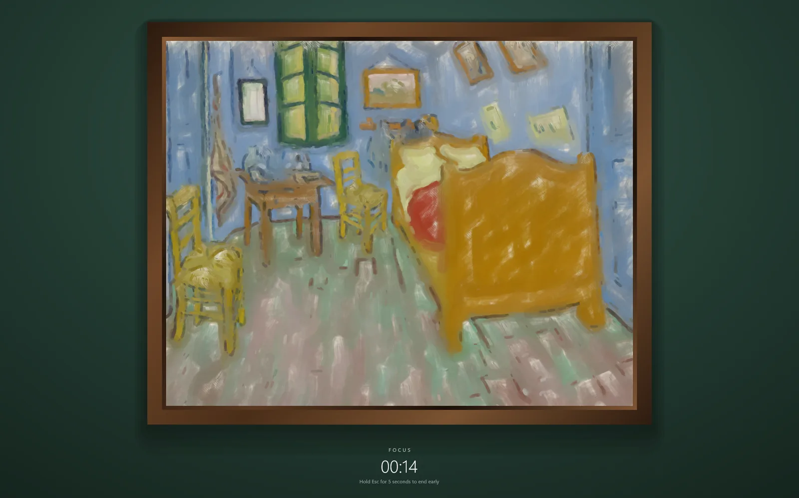 PomodoroPro lock screen with Van Gogh's The Bedroom half painted in a walnut frame above a focus countdown