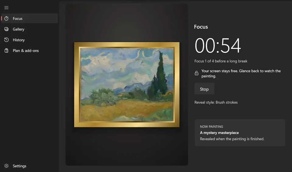 PomodoroPro focus page with a painting building up in brush strokes beside the timer