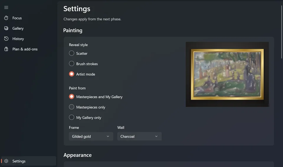 PomodoroPro settings with reveal style, painting source, frame and wall options
