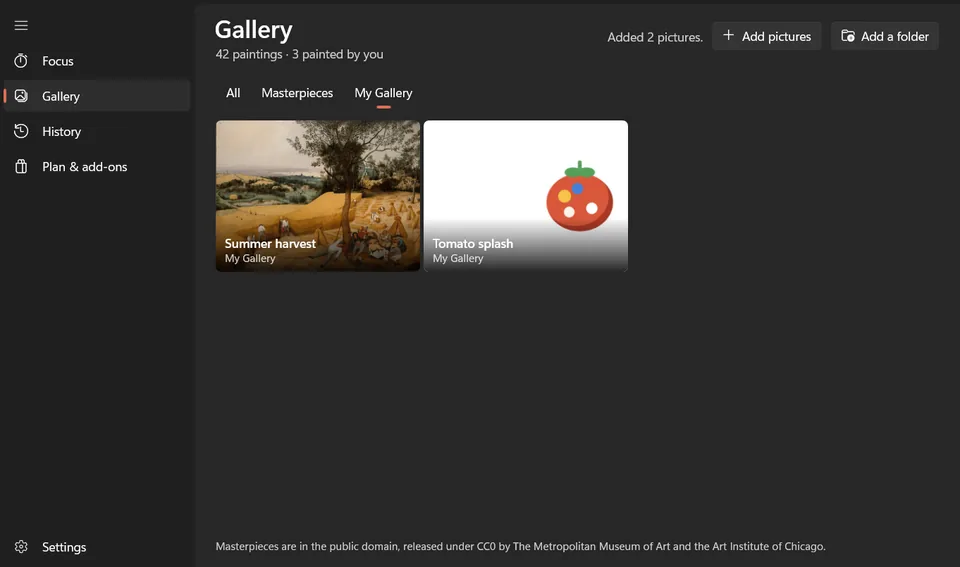 PomodoroPro My Gallery with the user's own pictures ready to be painted