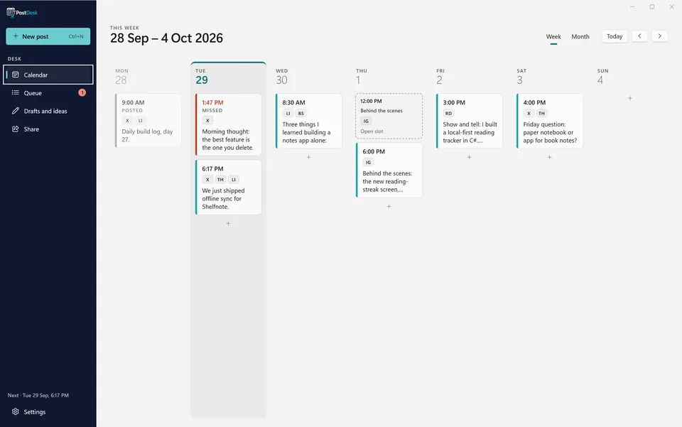 PostDeck week calendar with a lane per day and posts marked planned, posted or missed, with a platform token on each