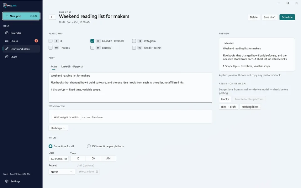 PostDeck composer with platform choices, a tab per platform version, a character count, a plain preview and on-device AI suggestions