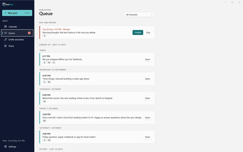 PostDeck Queue with a missed post ready to publish or skip, and the posts coming up in the next 14 days