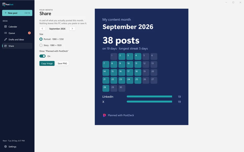 PostDeck Share page with a My content month card showing active days, the longest streak and platforms used