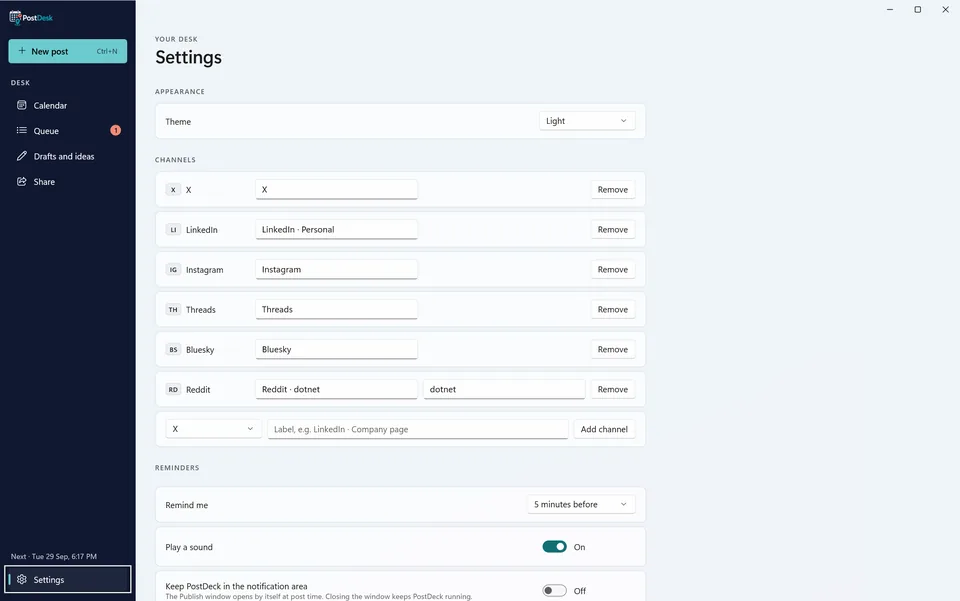 PostDeck Settings with theme, channels per platform, reminder timing, sound and the notification-area option