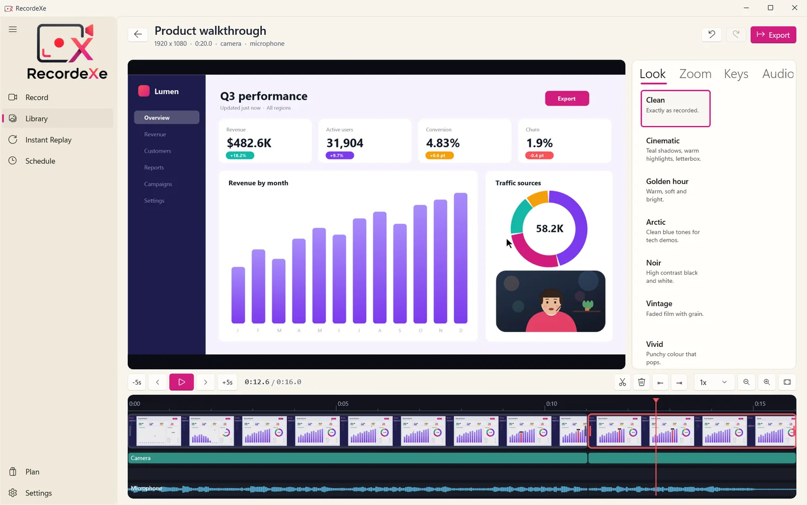 RecordeXe timeline editor with video, camera and microphone lanes and the Look panel