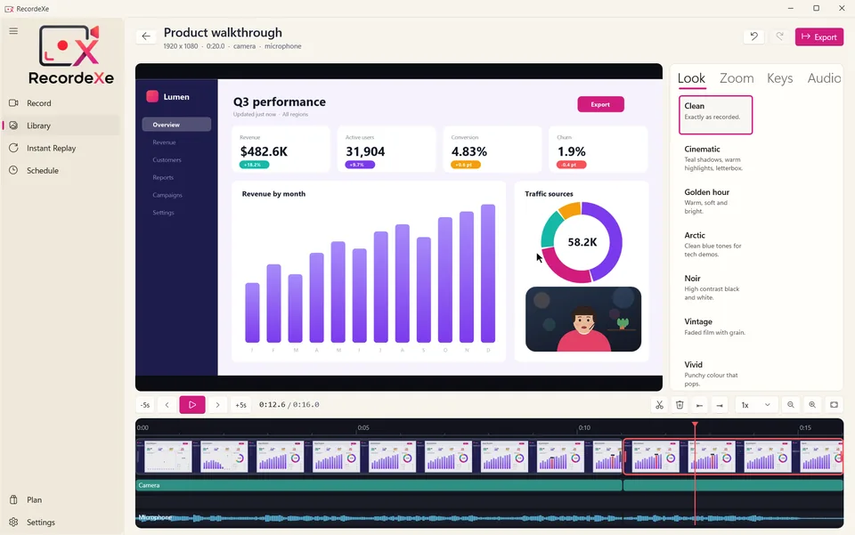 RecordeXe timeline editor with video, camera and microphone lanes and the Look panel