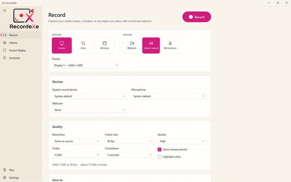 RecordeXe record page with screen, window and region modes, audio and webcam options