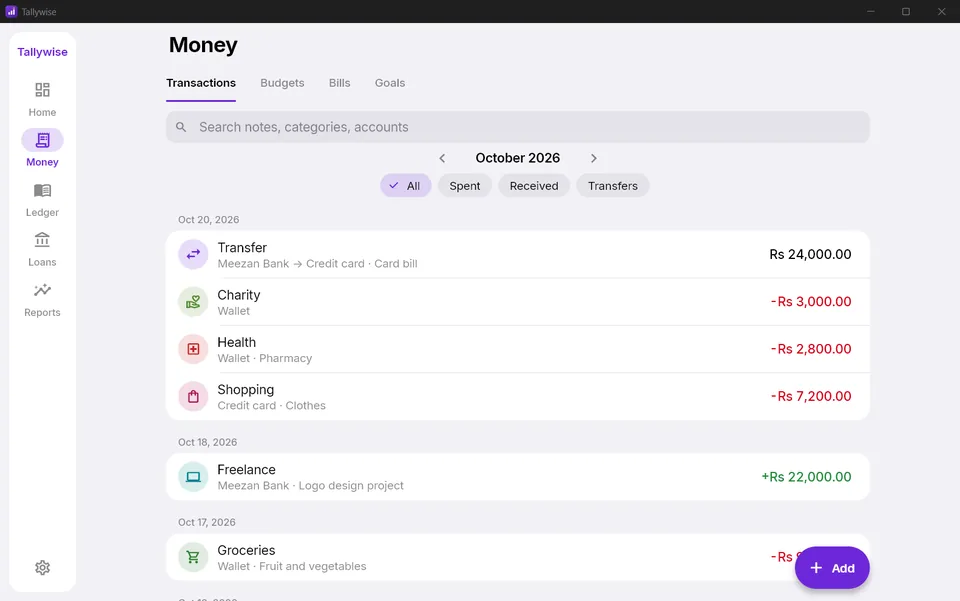 Tallywise Money page listing transactions by day with categories, accounts and amounts, and tabs for budgets, bills and goals